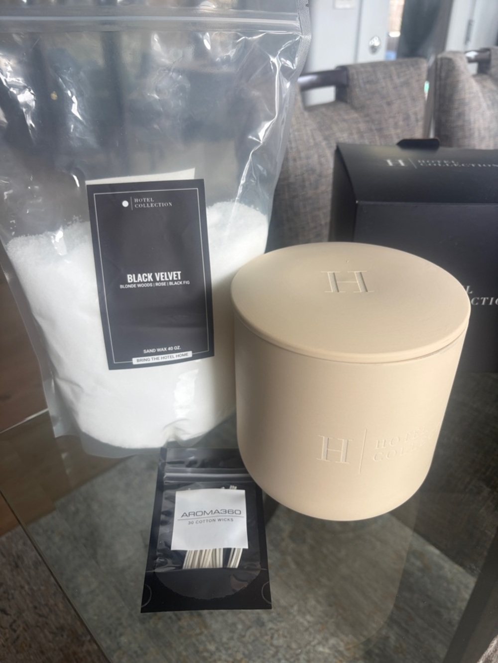 Hotel Collection Sand Beige Scented Candle with Black Velvet Wax Refill